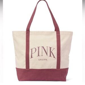 PINK Victoria's Secret Cream and Burgundy Rose Canvas Tote Bag